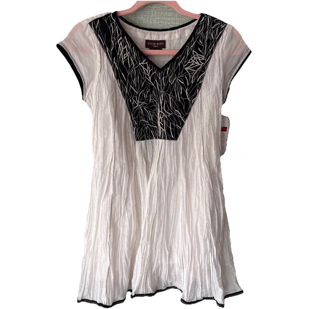 NWT Divyam Mehta A-line White & Black Embroidered Tunic Top Boho Gauzy Cotton